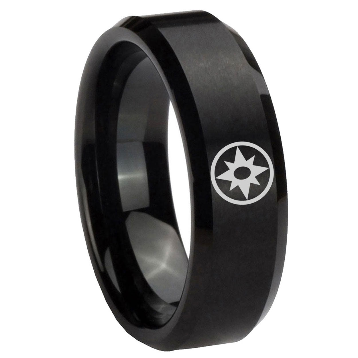 8MM Star Sapphire Lantern Beveled Brushed Black Tungsten Wedding Band