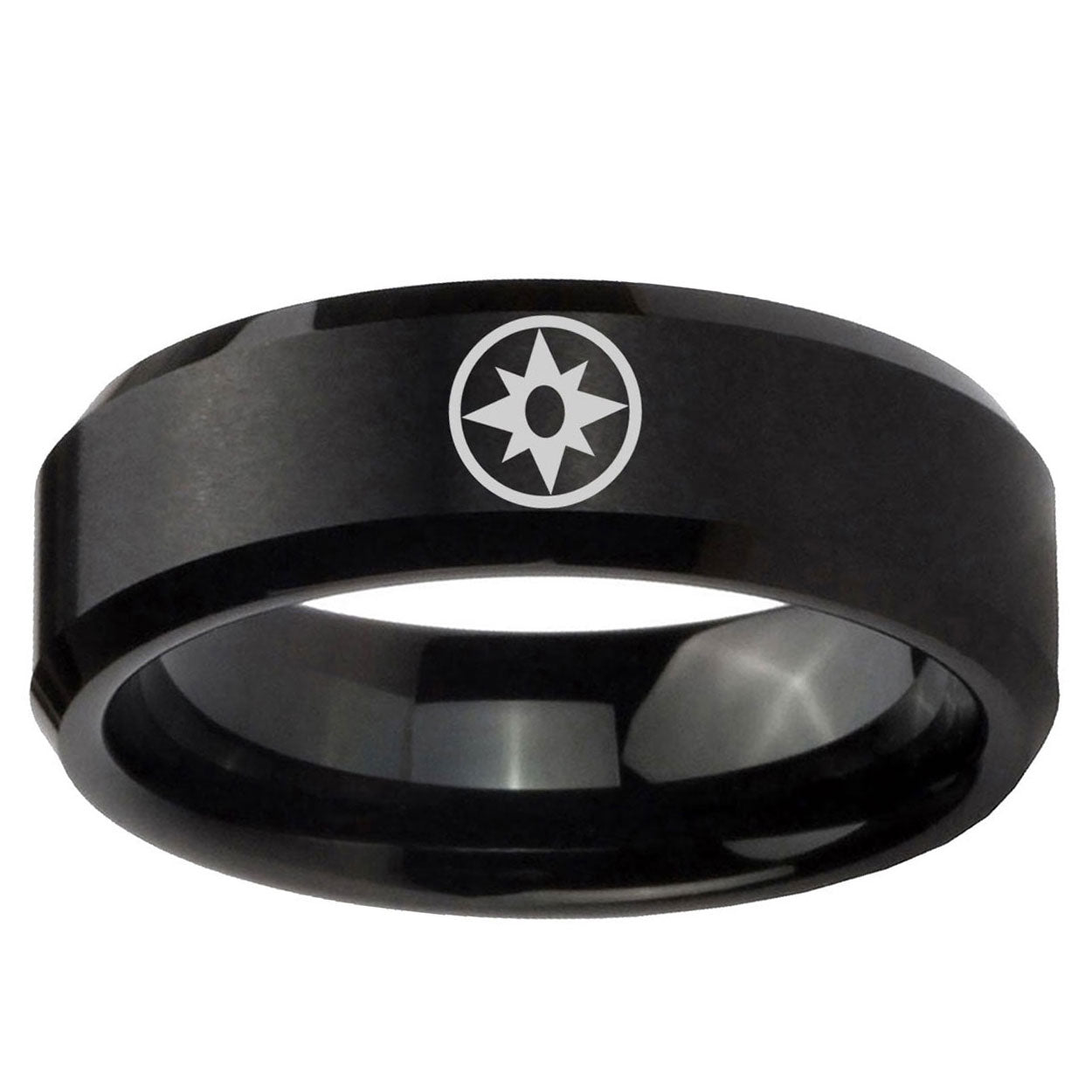 5MM Star Sapphire Lantern Beveled Brushed Black Tungsten Wedding Band