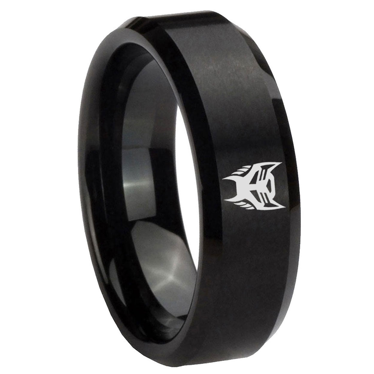 8MM Transformers Insignias Beveled Brushed Black Tungsten Wedding Band
