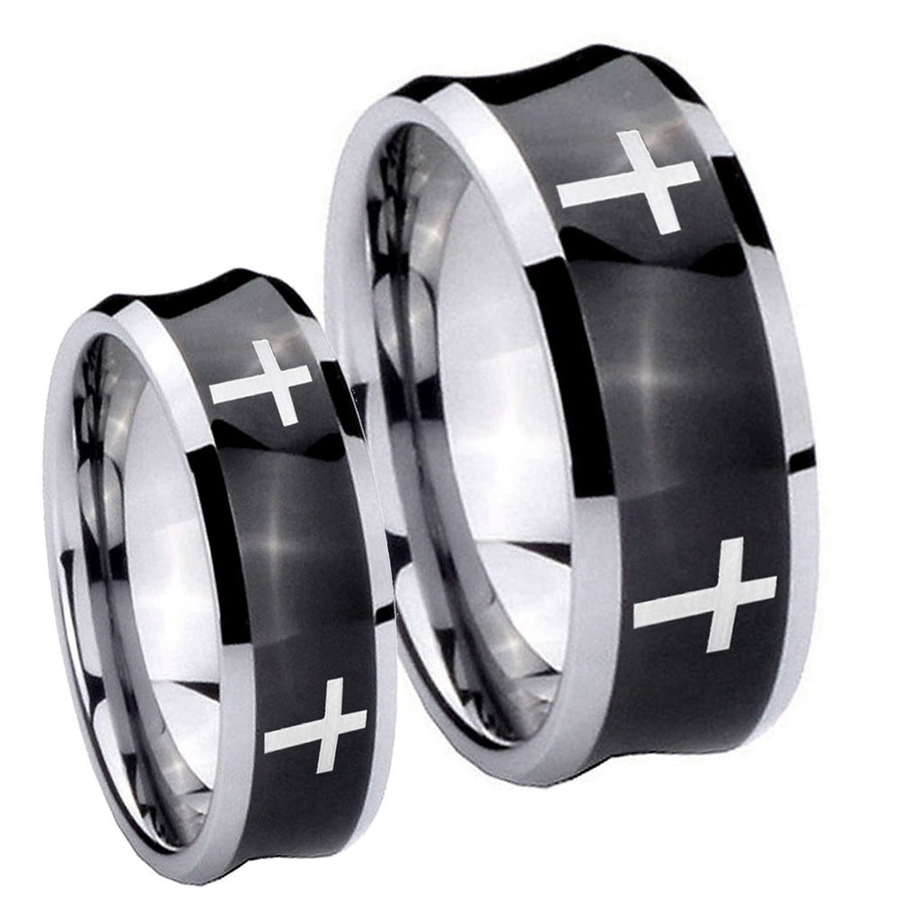 Crosses Concave Black Tungsten Couple Wedding Bands