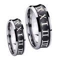 Roman Numeral Concave Black Tungsten Mens Band Set