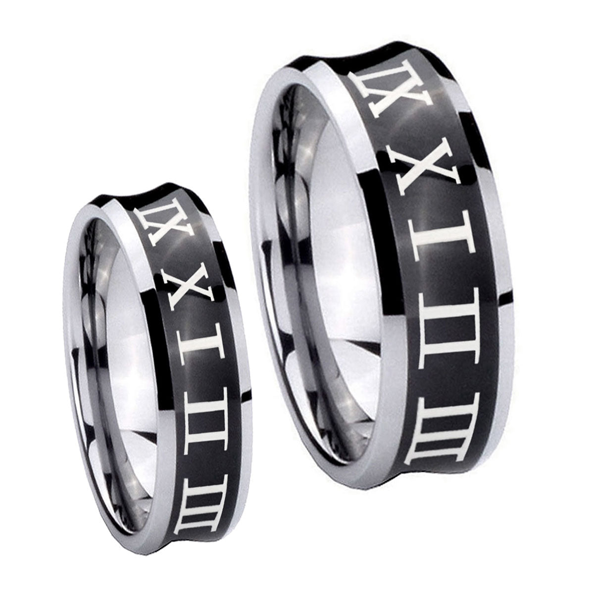 Roman Numeral Concave Black Tungsten Mens Band Set