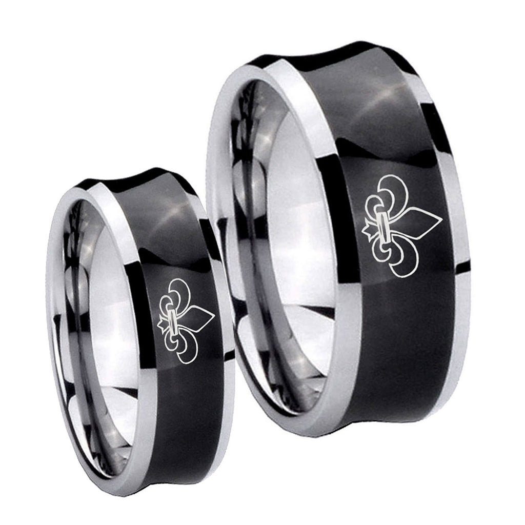 Fleur De Lis Concave Black Tungsten Mens Ring Set