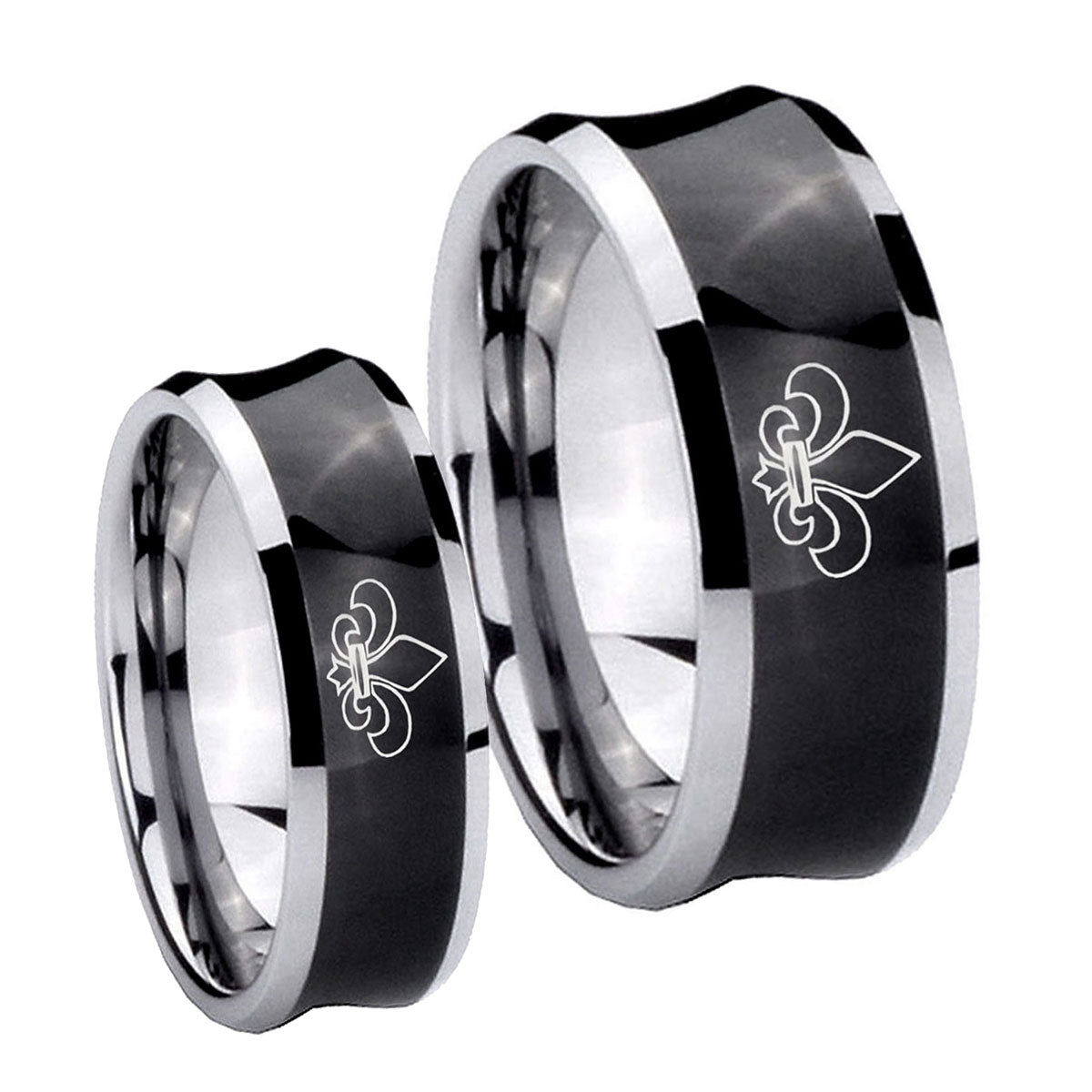 Fleur De Lis Concave Black Tungsten Mens Ring Set