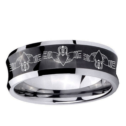 10mm Irish Claddagh Concave Black Tungsten Carbide Mens Bands Ring