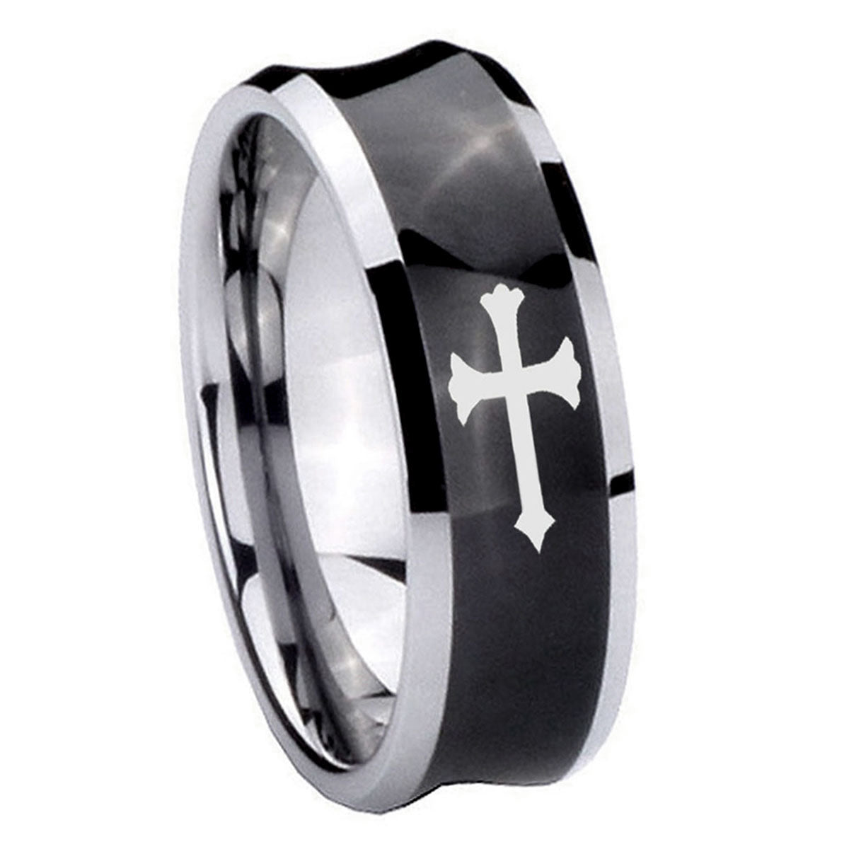 8MM Christian Cross Concave Black Tungsten Anniversary Ring