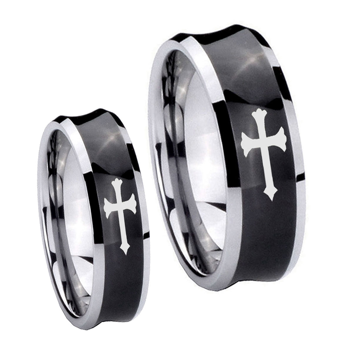 Christian Cross Concave Black Tungsten Couple Wedding Bands