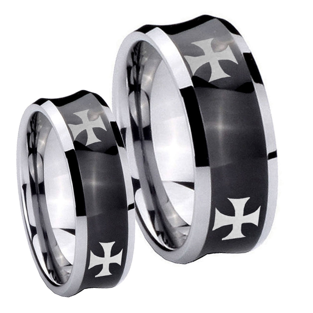 4 Maltese Cross Concave Black Tungsten Mens Set Rings