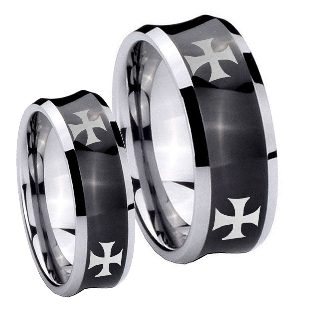 4 Maltese Cross Concave Black Tungsten Mens Set Rings
