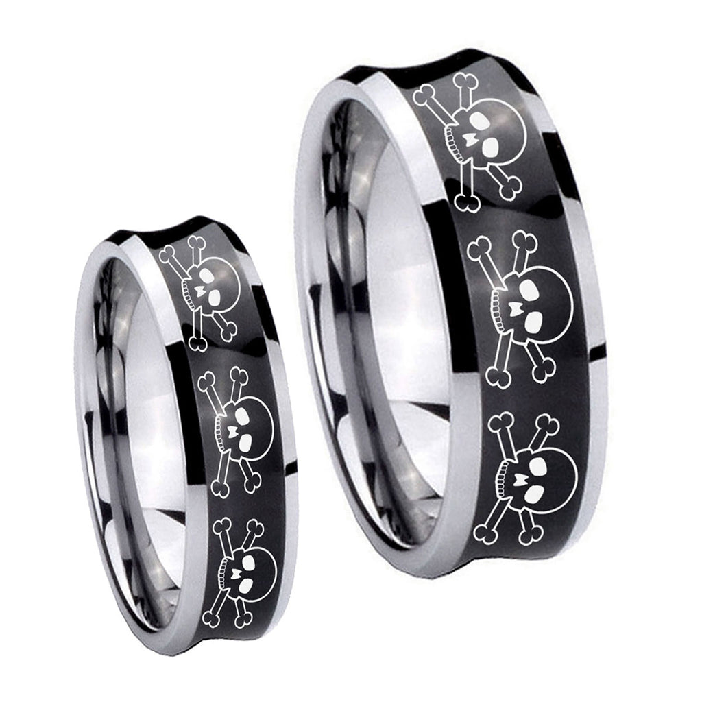 Multiple Skull Concave Black Tungsten Mens Band Set