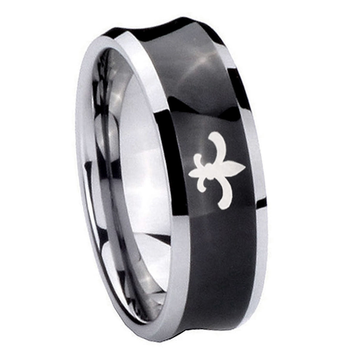 10mm Fleur Delis Concave Black Tungsten Carbide Mens Ring Personalized