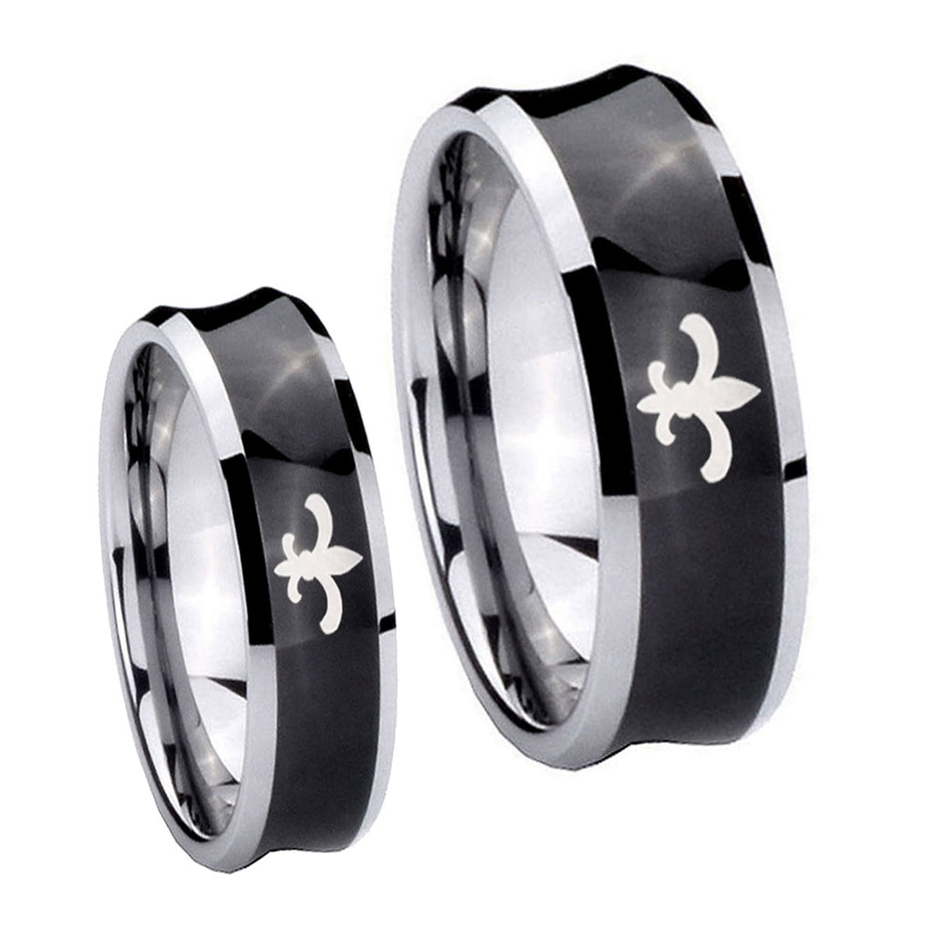 Fleur De Lis Concave Black Tungsten Mens Band Set