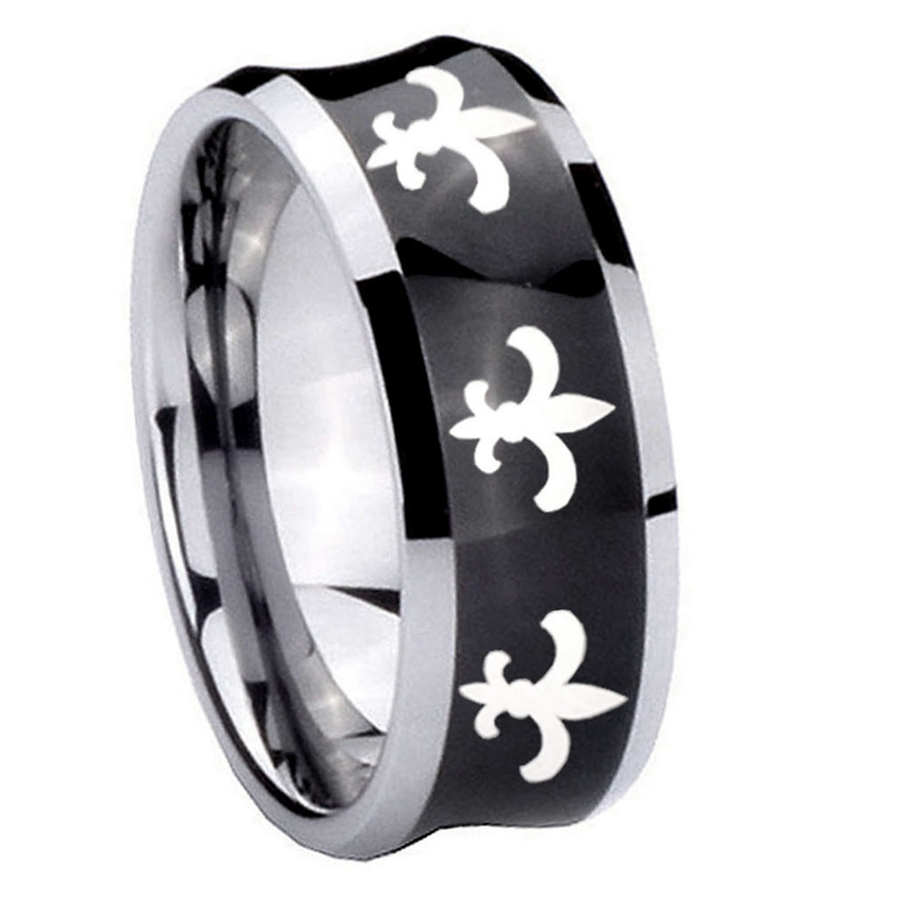 10mm Multiple Fleur Delis Concave Black Tungsten Carbide Wedding Band Ring