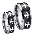 Multiple Fleur De Lis Concave Black Tungsten Couple Wedding Bands