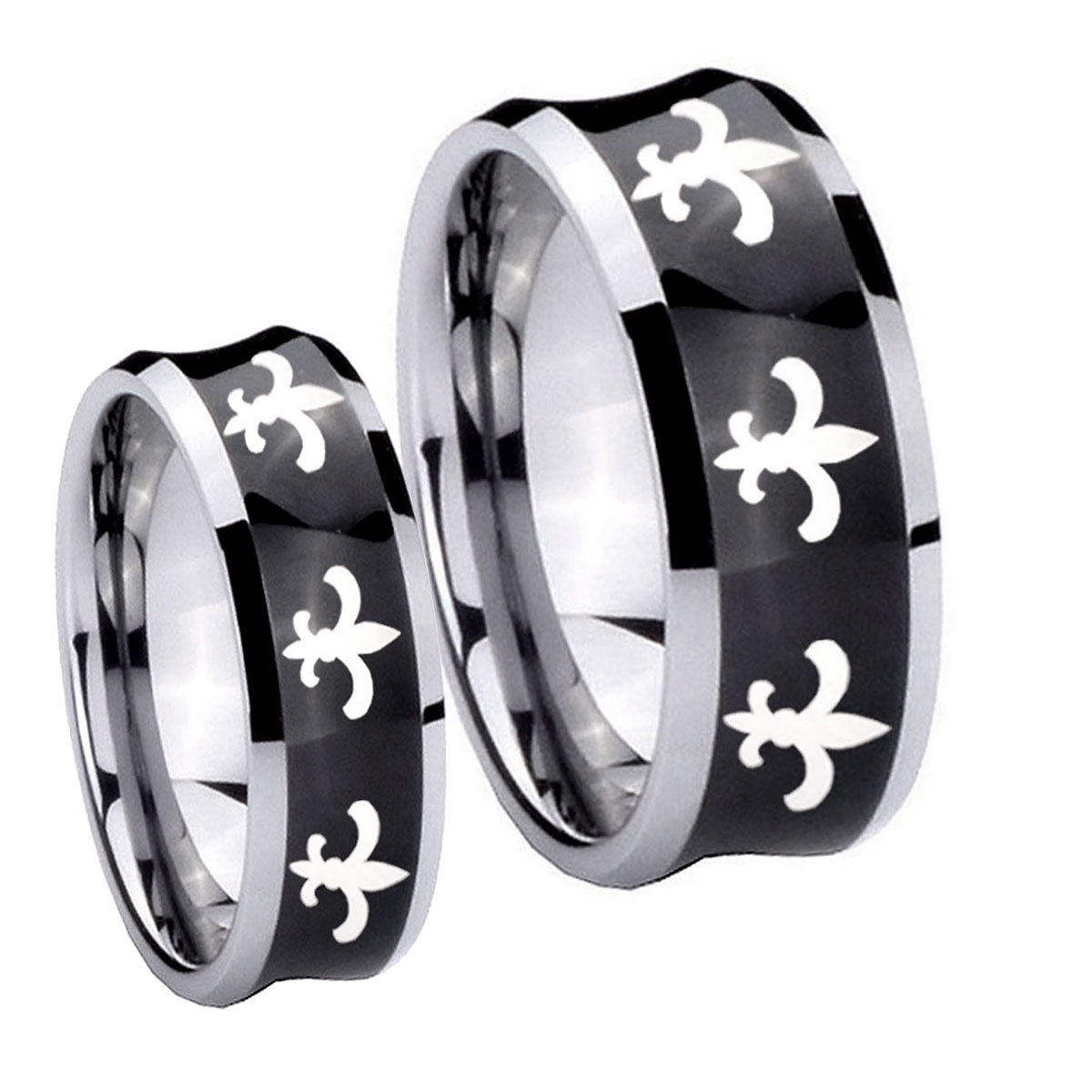 Multiple Fleur De Lis Concave Black Tungsten Couple Wedding Bands