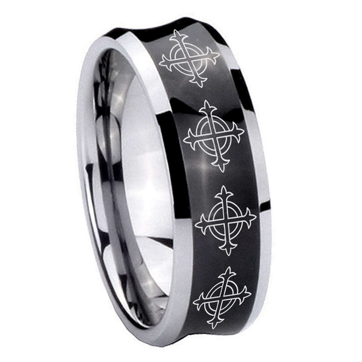 10mm Multiple Crosses Concave Black Tungsten Carbide Mens Wedding Band