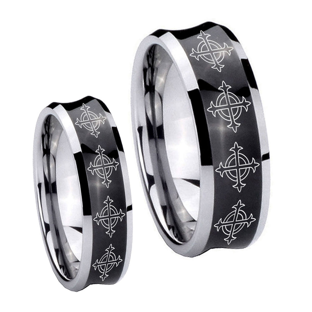 Multiple Crosses Concave Black Tungsten Wedding Ring Set
