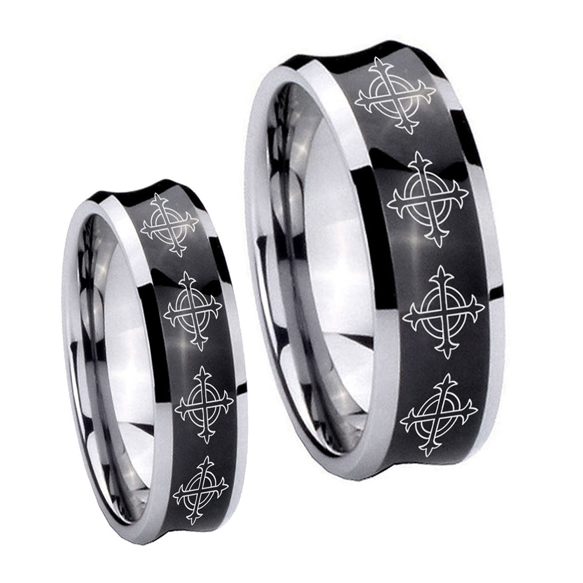 Multiple Crosses Concave Black Tungsten Wedding Ring Set