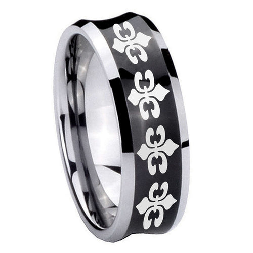10mm Multiple Fleur Delis Concave Black Tungsten Carbide Mens Ring Engraved