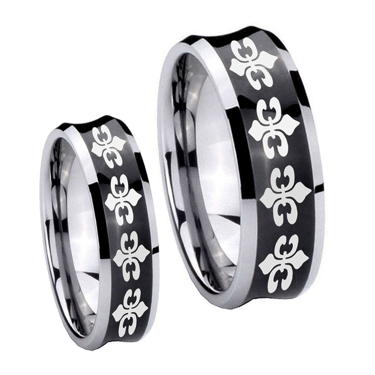 Multiple Fleur De Lis Concave Black Tungsten Couple Rings