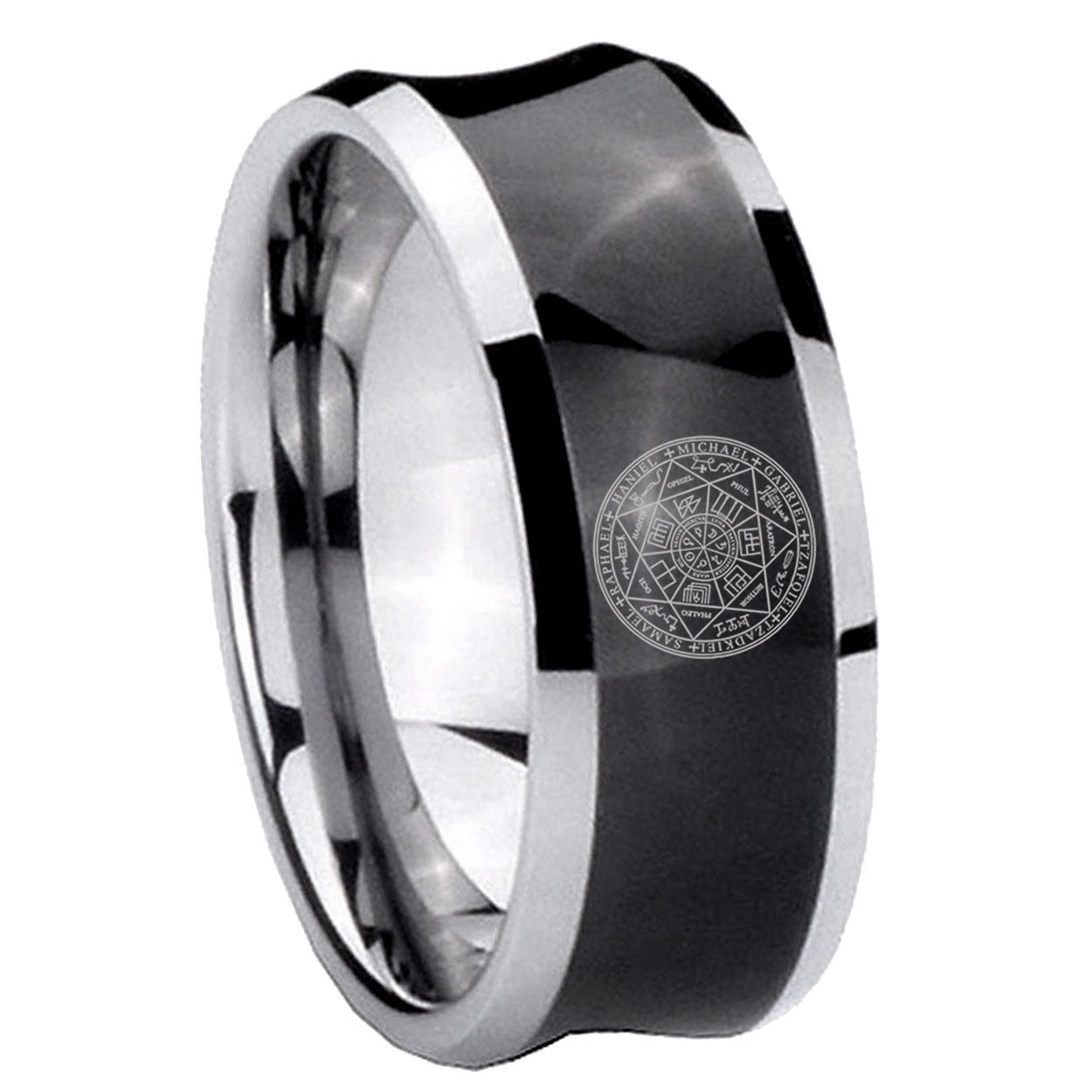8MM Seal of Seven Archangel Concave Black Mens Wide Band Rings