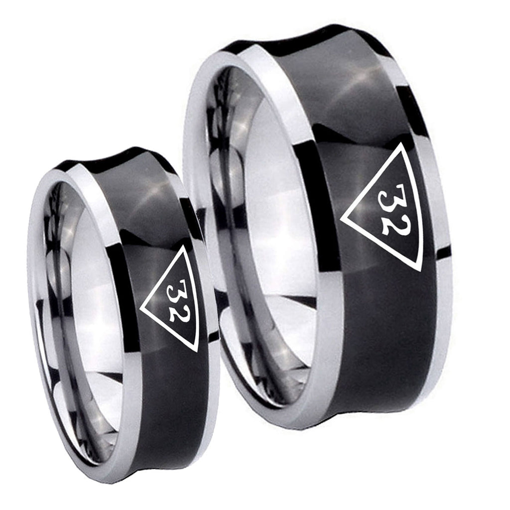 Masonic 32 Triangle Freemason Concave Black Tungsten Wedding Band Set