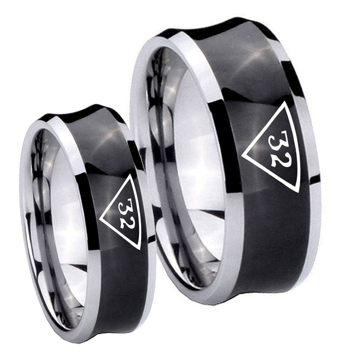 Masonic 32 Triangle Freemason Concave Black Tungsten Wedding Band Set
