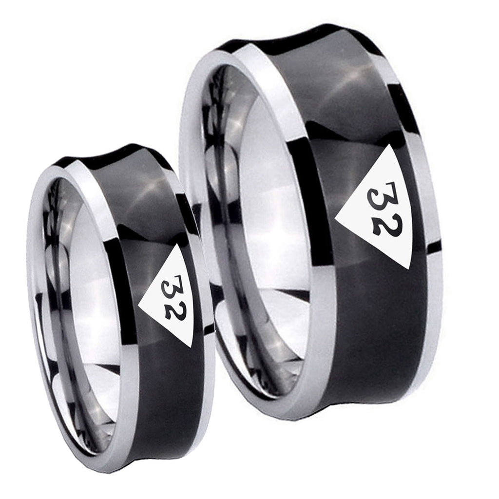 Masonic 32 Triangle Design Freemason Concave Black Tungsten His Hers Ring Set