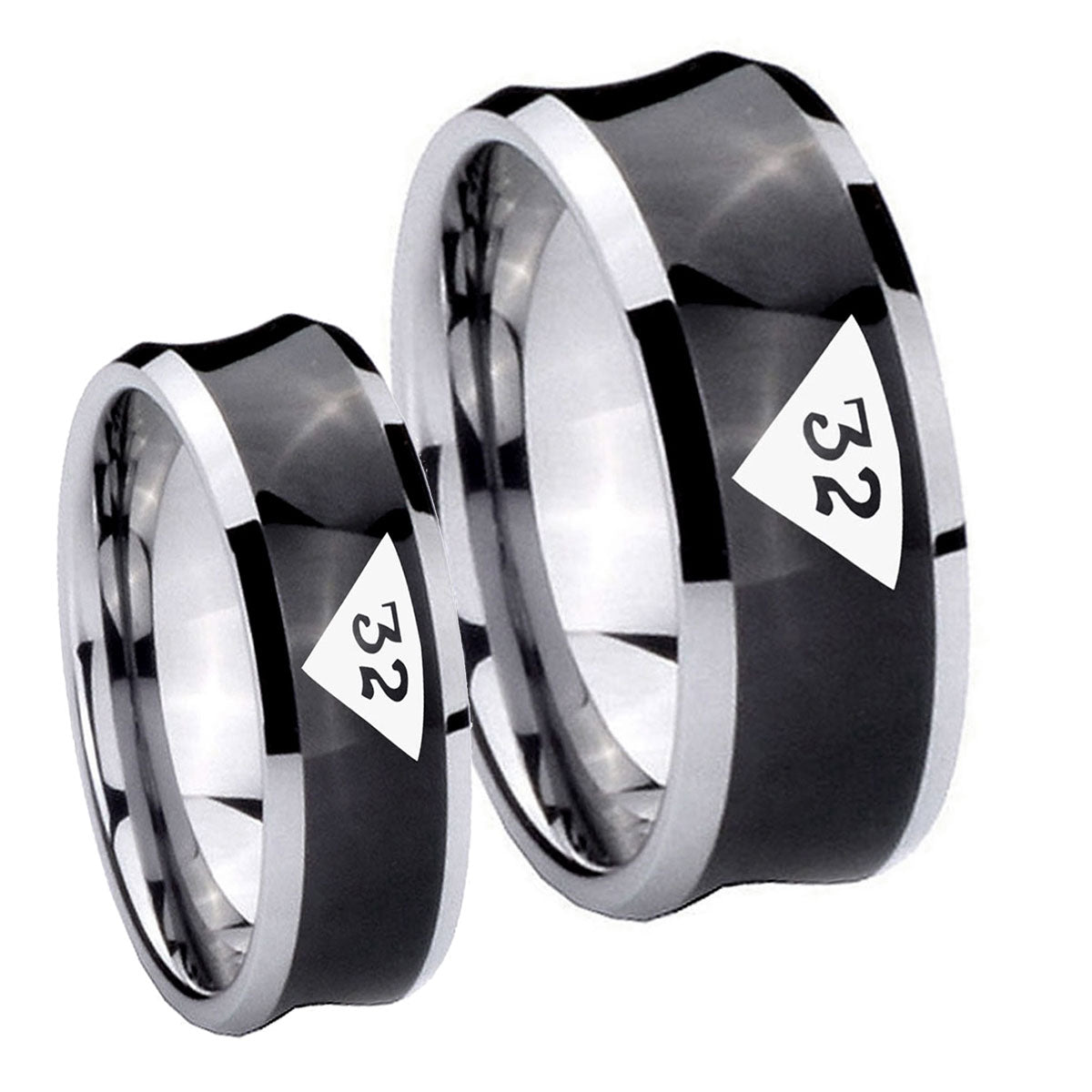 Masonic 32 Triangle Design Freemason Concave Black Tungsten His Hers Ring Set