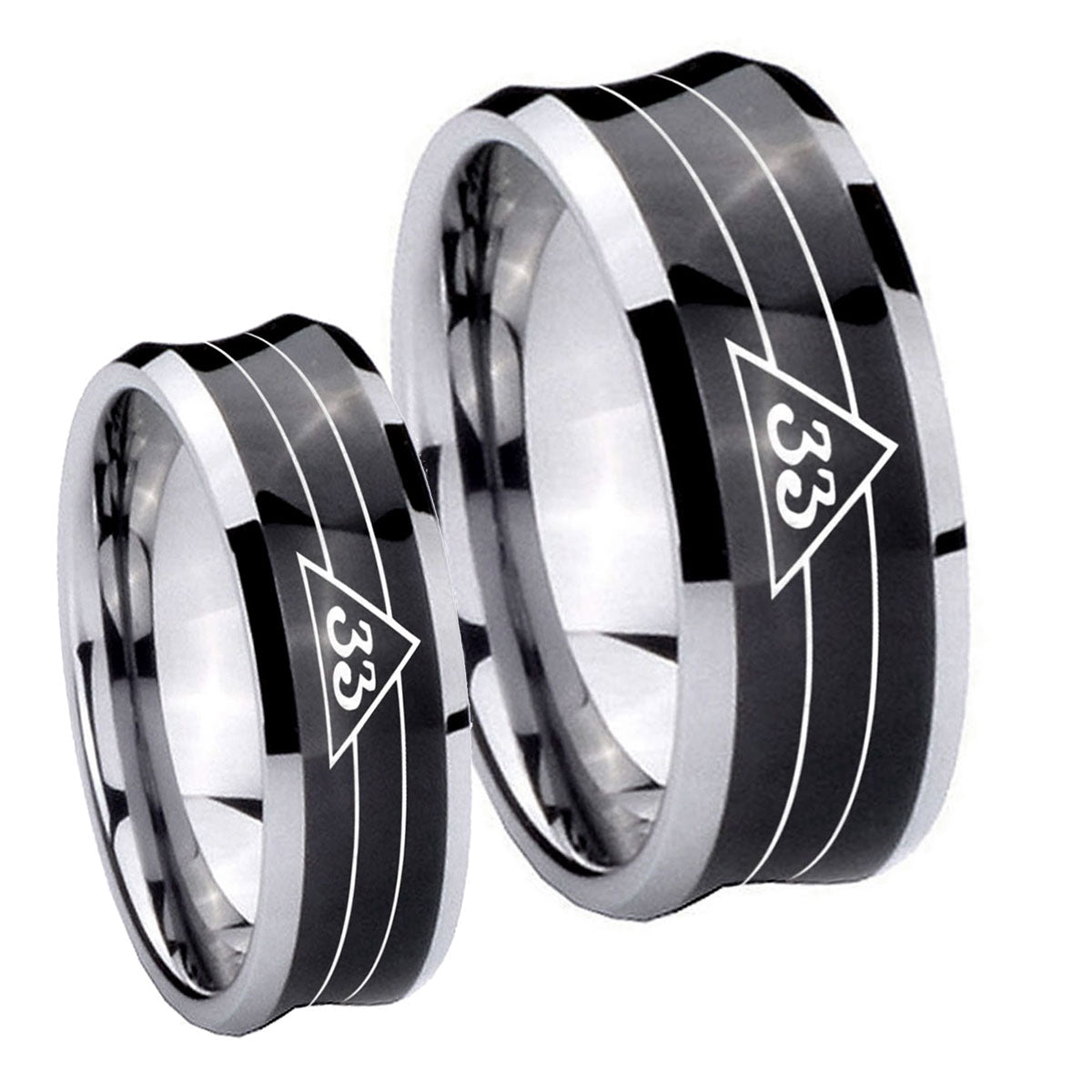 Masonic 32 Duo Line Freemason Concave Black Tungsten Couples Ring Set