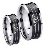 Bride and Groom Masonic 32 Duo Line Freemason Concave Black Tungsten Carbide Bands Ring Set