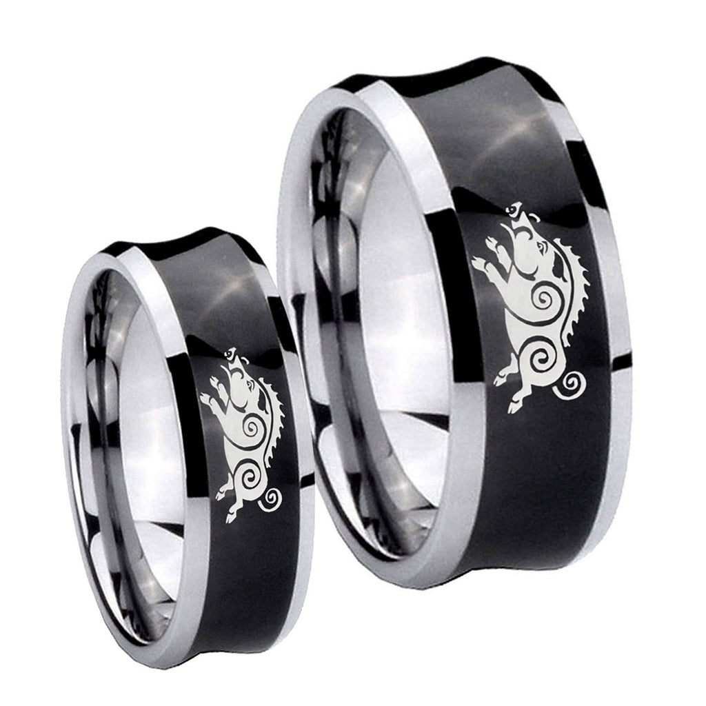 Wild Boar Concave Black Tungsten Wedding Ring Set