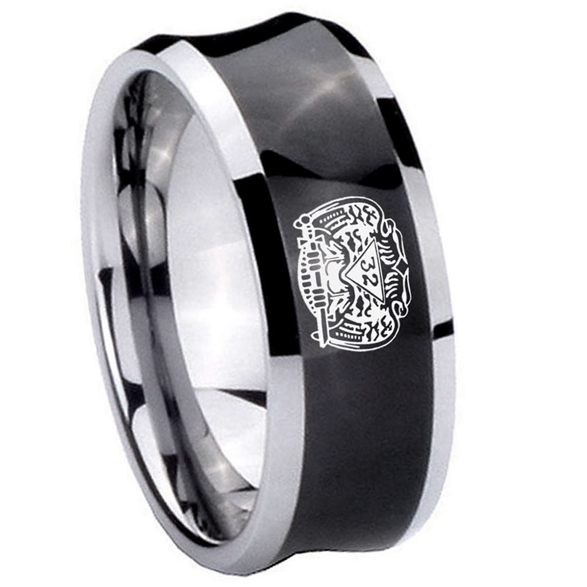 8MM Masonic 32 Degree Freemason Concave Black Tungsten Carbide Ring