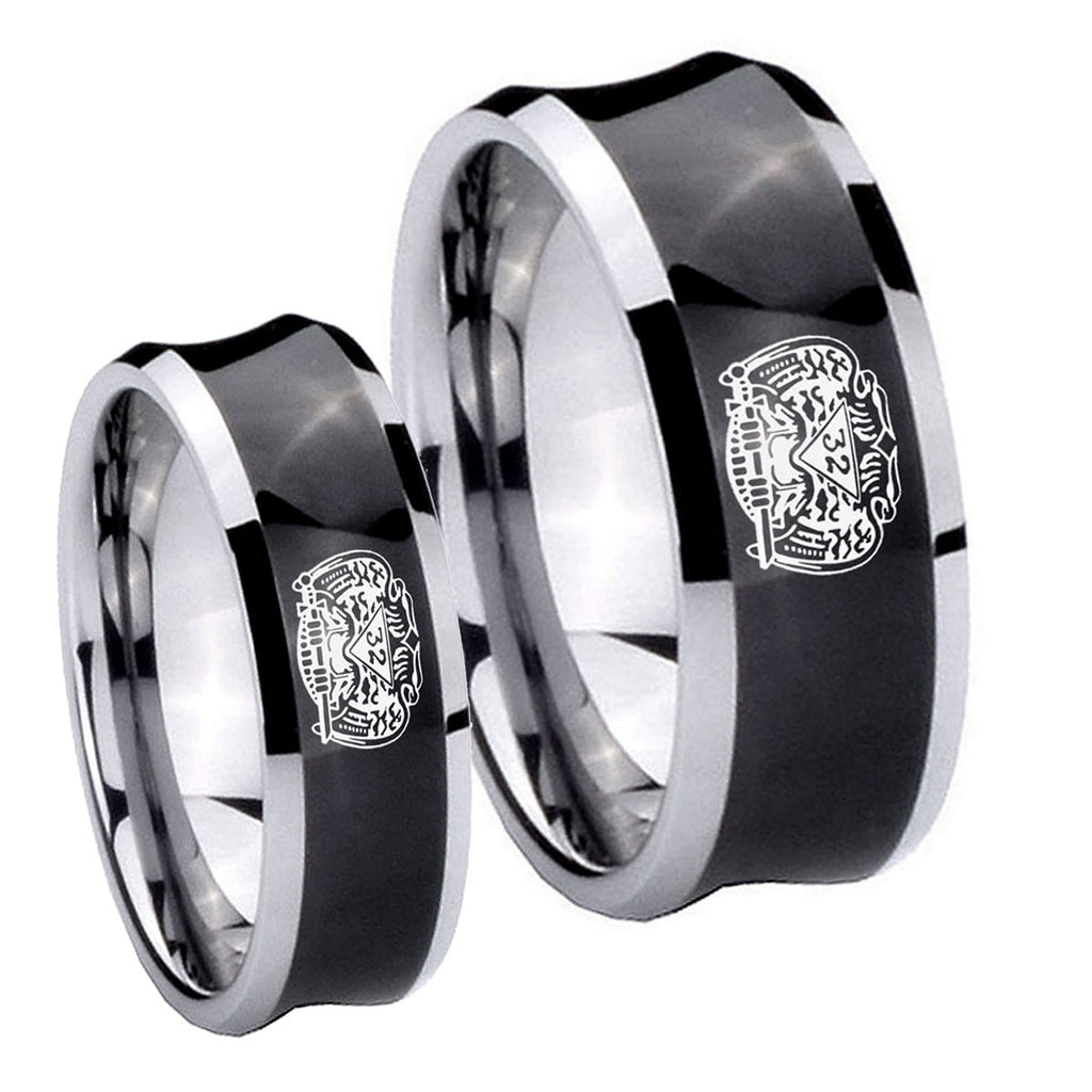 Masonic 32 Degree Freemason Concave Black Tungsten Couples Ring Set