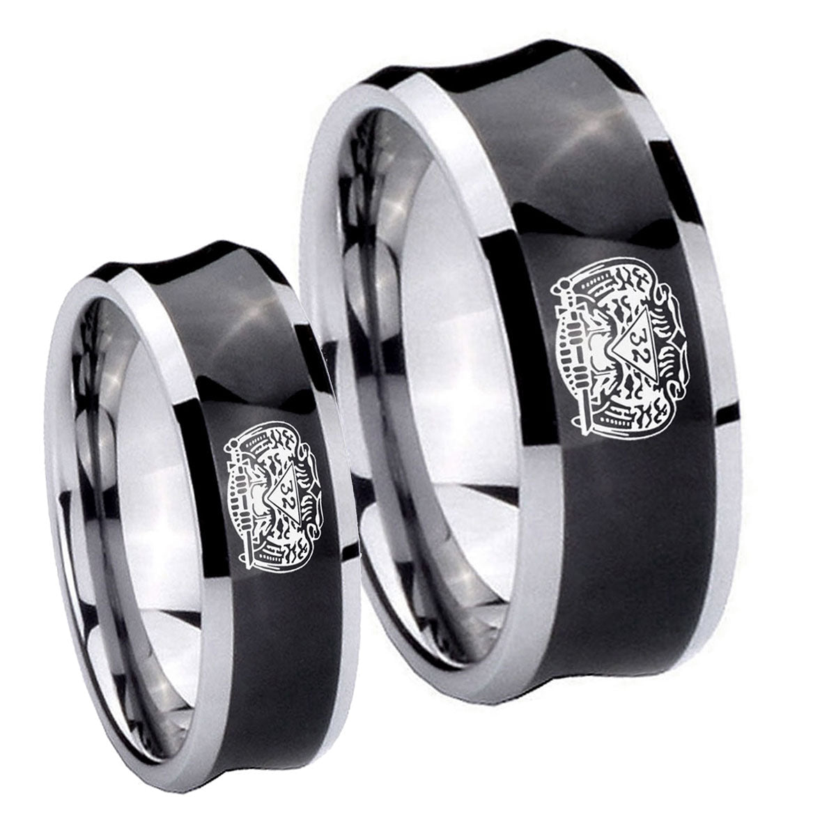 Masonic 32 Degree Freemason Concave Black Tungsten Couples Ring Set
