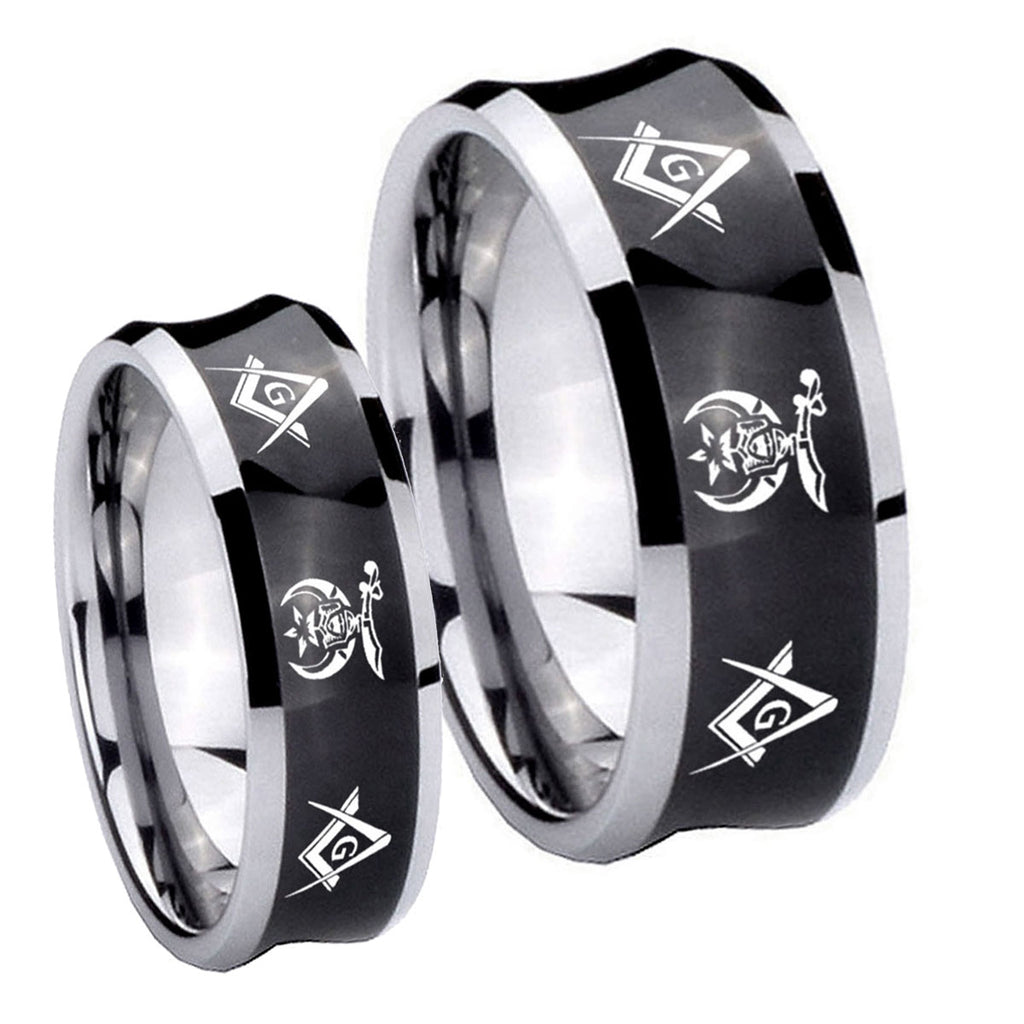 Masonic Shriners Concave Black Tungsten Wedding Ring Sets