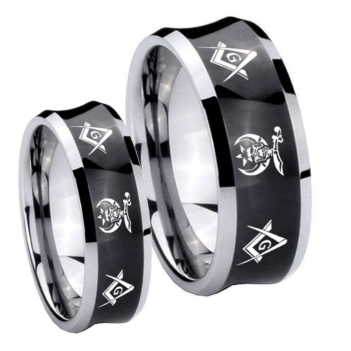 Masonic Shriners Concave Black Tungsten Wedding Ring Sets