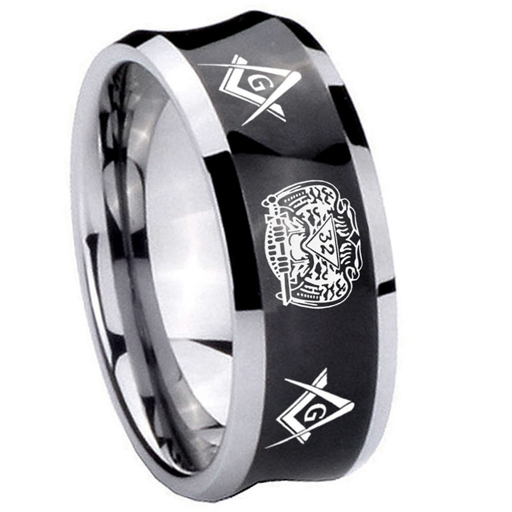 8MM Masonic 32 Design Concave Black Tungsten Anniversary Ring