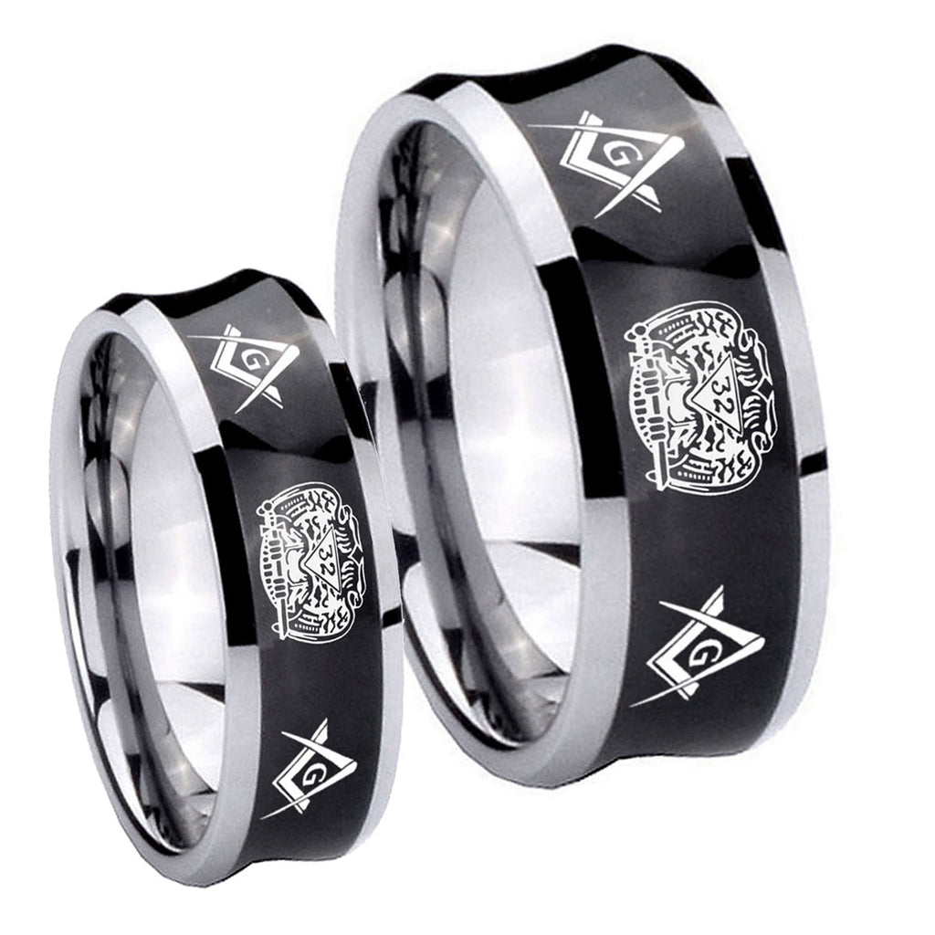 Masonic 32 Design Concave Black Tungsten Bridal Band Set