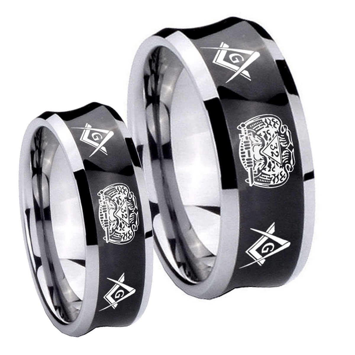 Masonic 32 Design Concave Black Tungsten Bridal Band Set