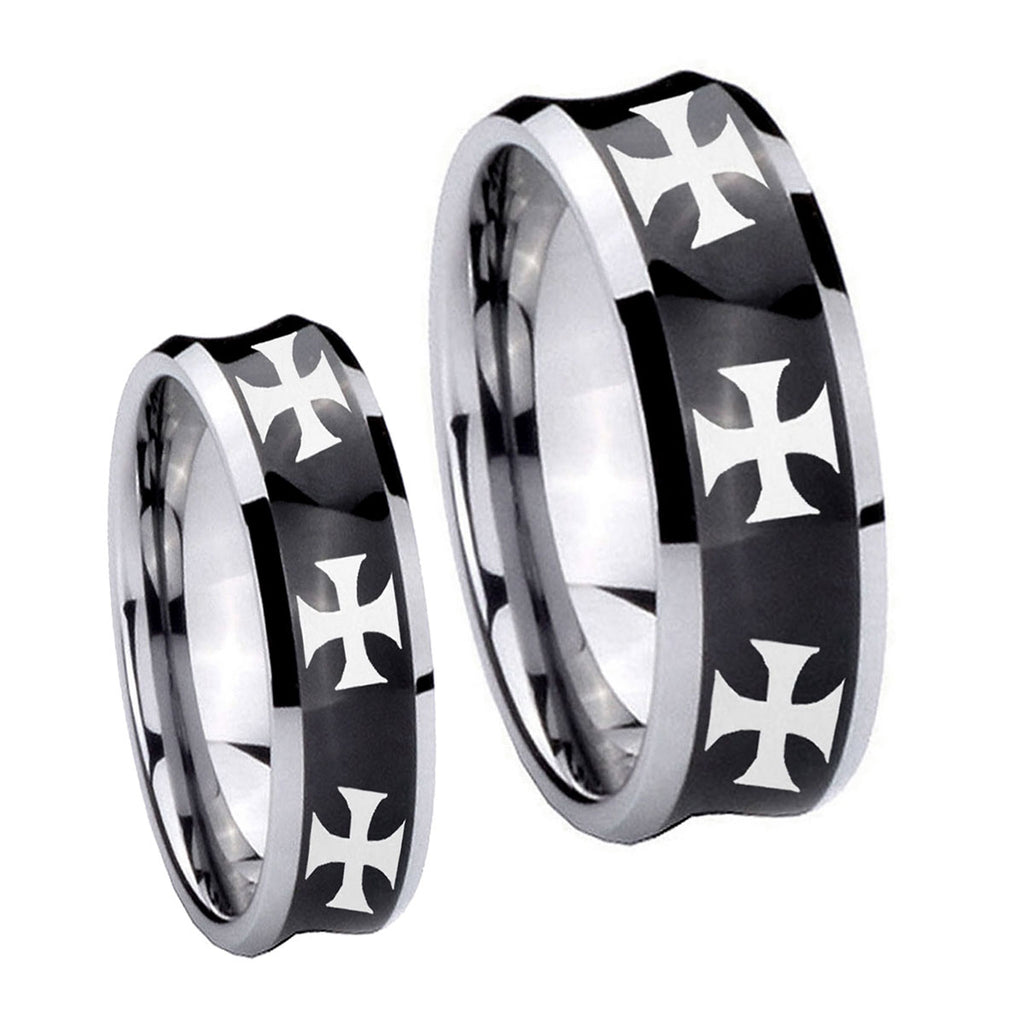 Multiple Maltese Cross Concave Black Tungsten Mens Set Ring