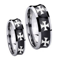 Multiple Maltese Cross Concave Black Tungsten Mens Set Ring