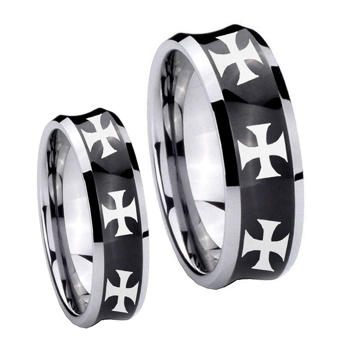 Multiple Maltese Cross Concave Black Tungsten Mens Set Ring