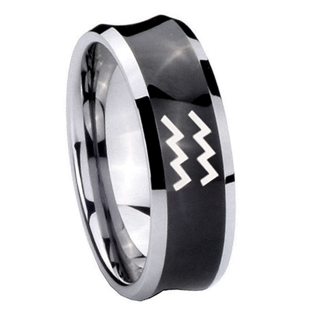 10mm Aquarius Horoscope Concave Black Tungsten Carbide Mens Ring Engraved