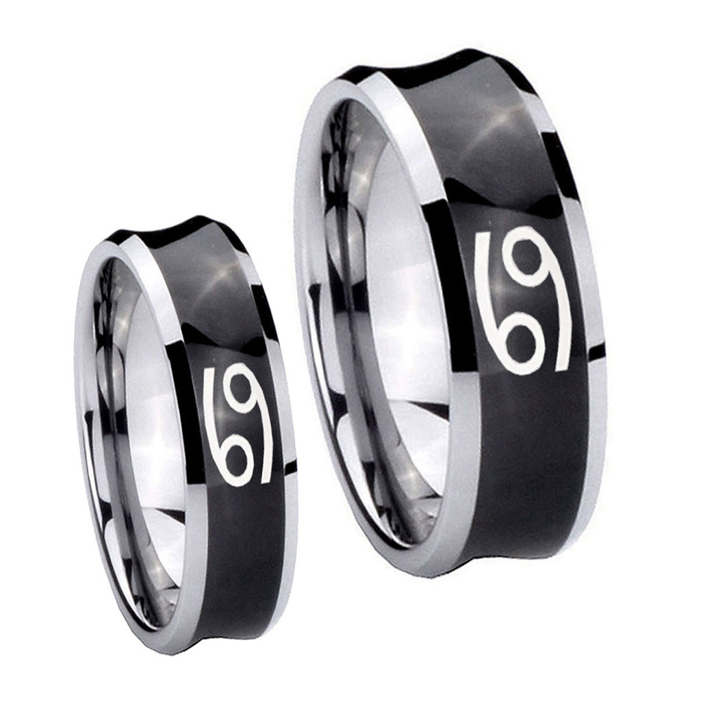 Cancer Horoscope Concave Black Tungsten Wedding Set Ring