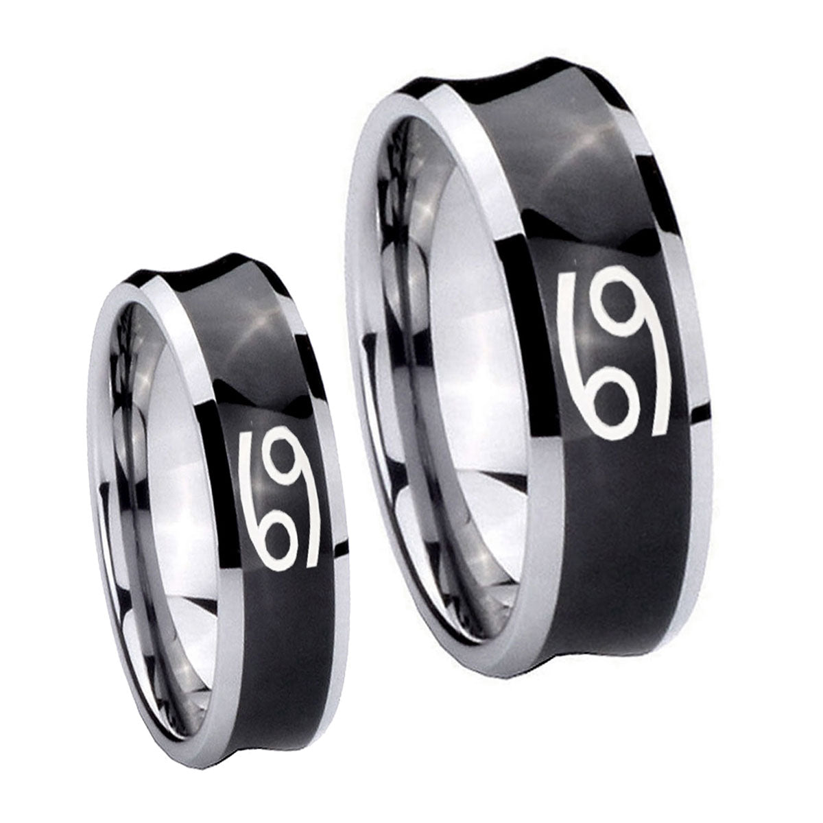 Cancer Horoscope Concave Black Tungsten Wedding Set Ring