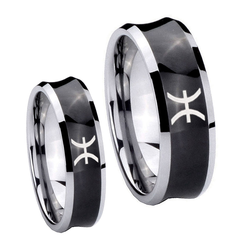 Pisces Zodiac Concave Black Tungsten Wedding Set Ring