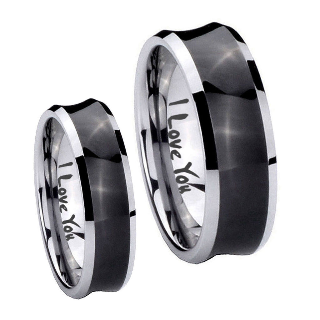 I Love You Concave Black Tungsten Mens Set Rings