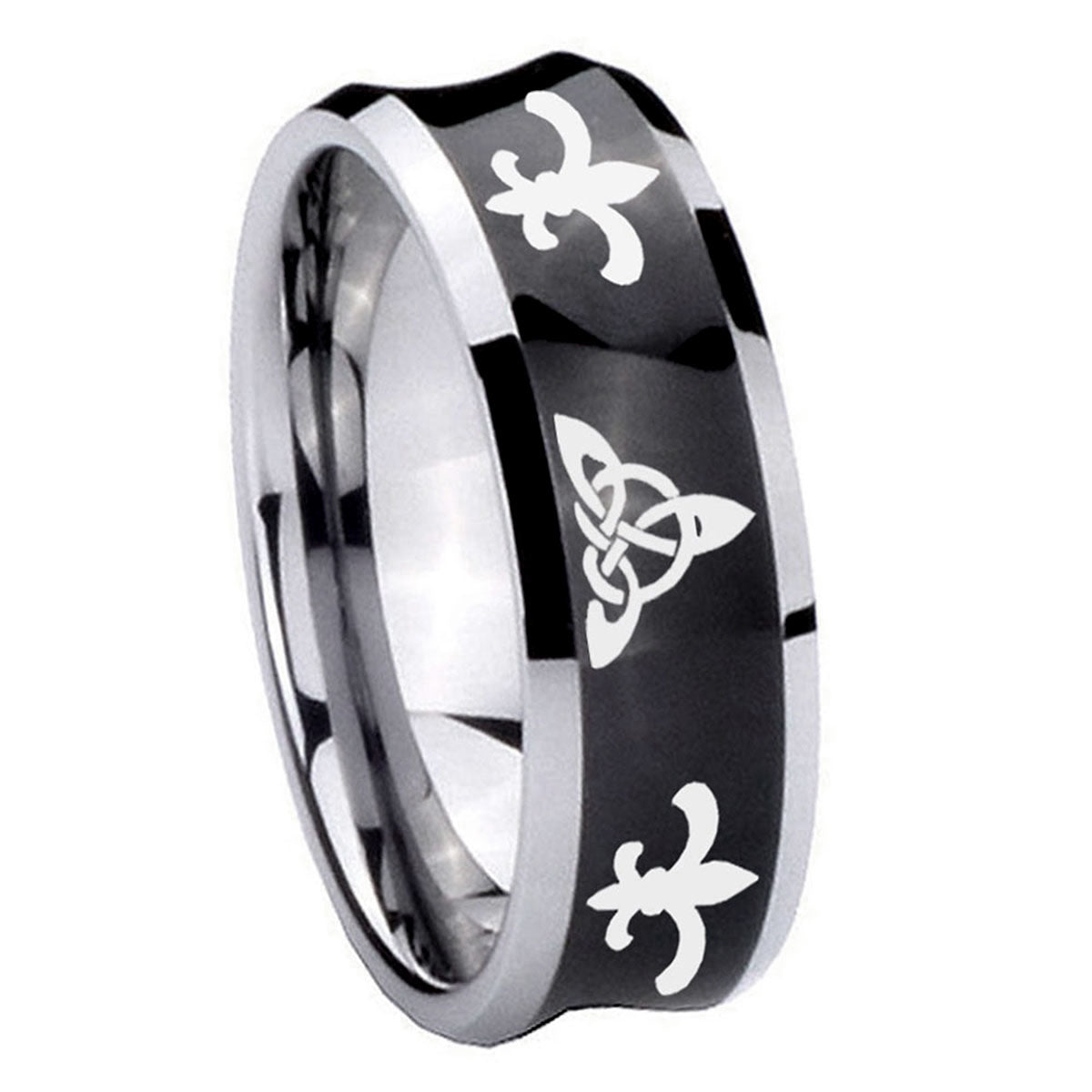 10mm Celtic Triangle Fleur Delis Concave Black Tungsten Personalized Ring