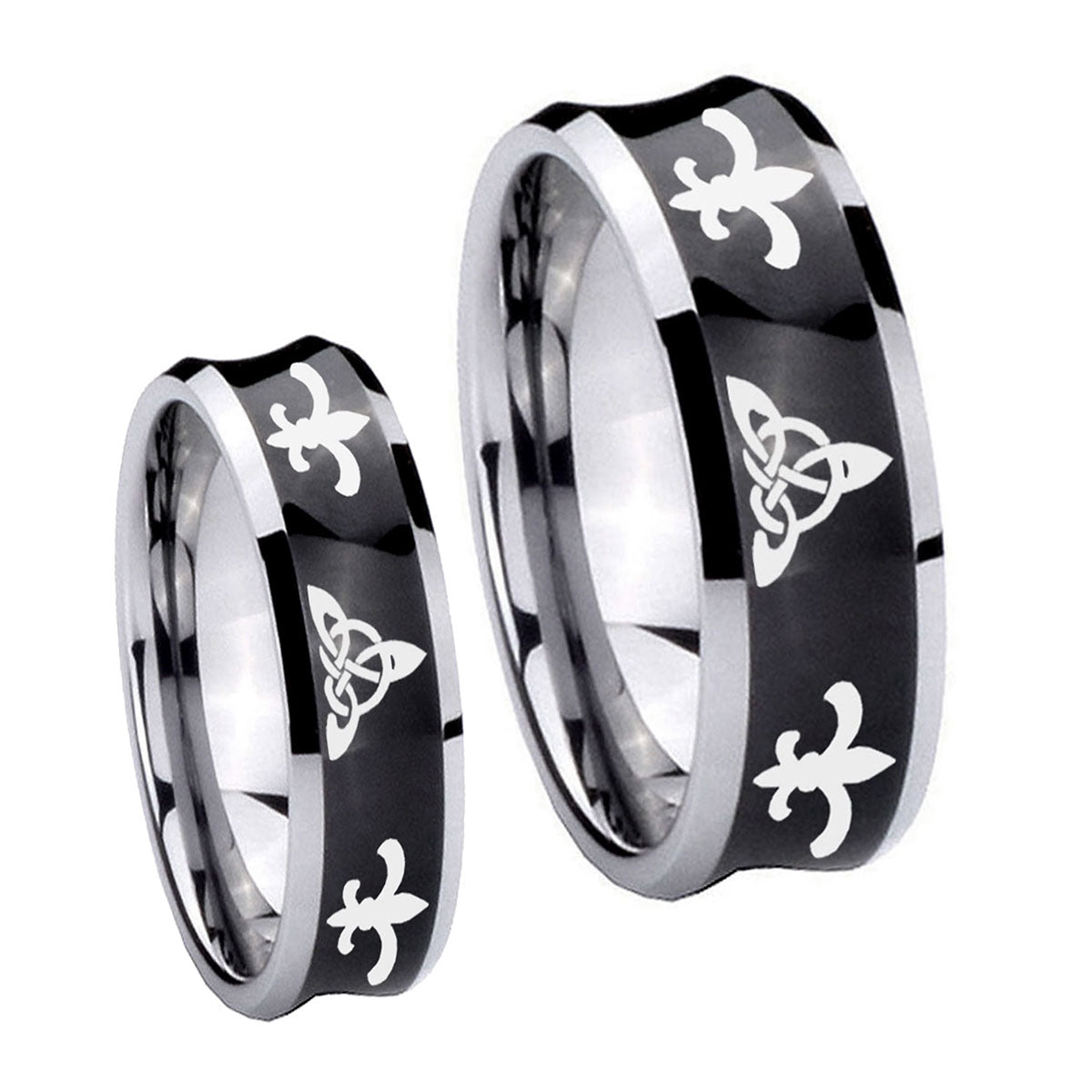 Celtic Triangle Fleur De Lis Concave Black Tungsten His and Hers